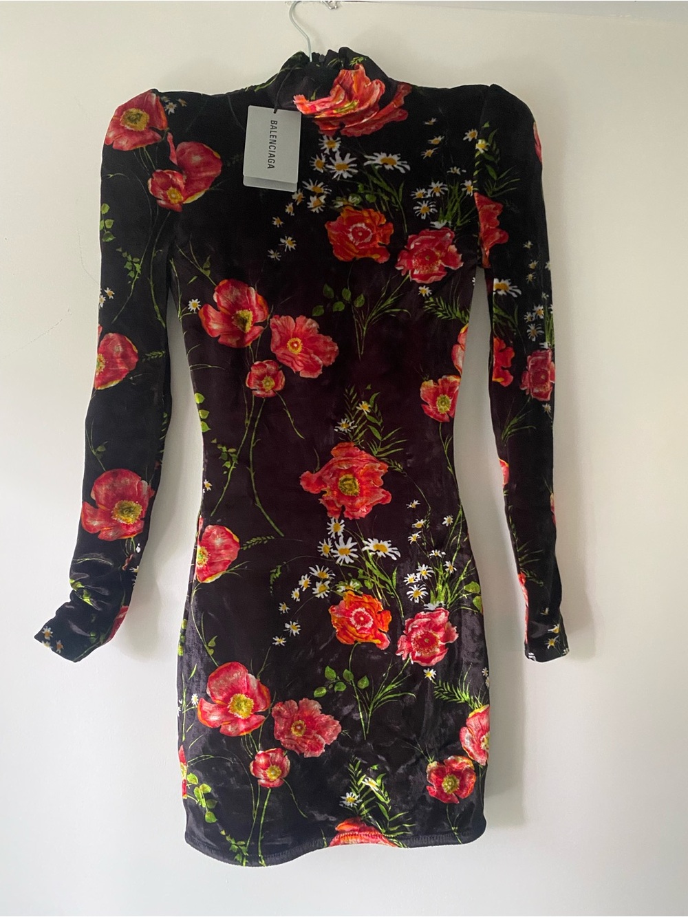 Balenciaga Poppy Turtleneck Dress, Black Velvet Floral NWT